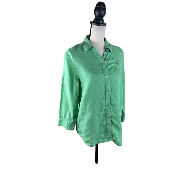 Lauren Ralph Lauren Linen Green Crested Long Sleeve Button Down Shirt Academia C - Picture 5 of 8
